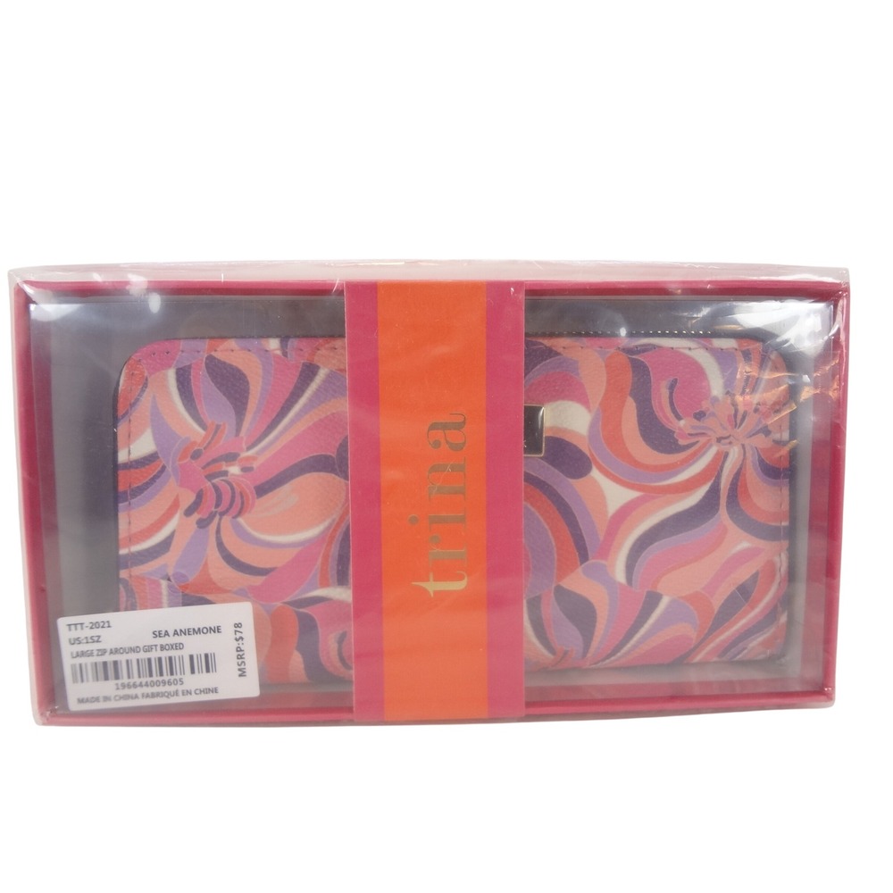 Trina Turk Wallet Pink Coral Purple White Sea Anemone New Large Zip Around